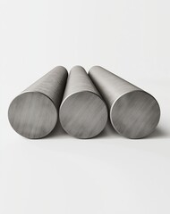 Three round steel cylindrical bars on white background for industrial and construction material concept
