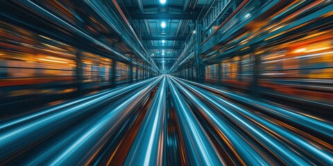 Blurred motion of cargo transport inside industrial warehouse with high speed train passing through tunnel with blue and orange lights
