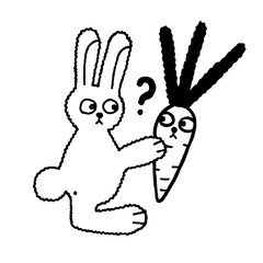 Fototapeta premium Edgy Line Art Rabbit Confused by Sentient Carrot