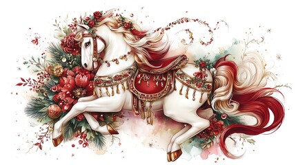Naklejka premium Elegant Christmas Carousel Horse with Festive Floral Decorations – Watercolor Holiday Vintage Illustration