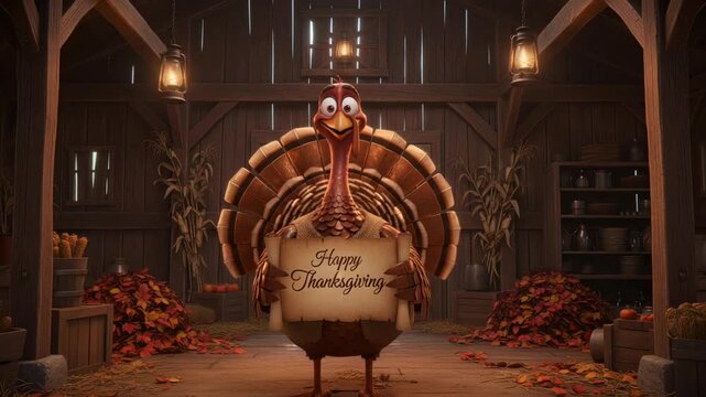 Bronze-feather cartoon turkey holding a vintage parchment scroll with &ldquo;happy thanksgiving&rdquo; text inside a rustic wooden barn decorated with corn, leaves, and lantern light