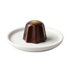 Perfect dark chocolate truffle with gold luster on a minimalist white ceramic plate, seamless transparent background, 45-degree close-up, high-key lighting, elegant product display concept