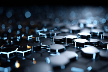 Obraz premium Interconnected dark hexagons illuminated with a bright blue glow creating a futuristic abstract pattern over a bokeh background