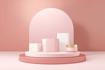 A soft pink and white geometric display featuring a cosmetic jar on a tiered circular stage with an elegant arch backdrop creating a minimalist scene for product presentation