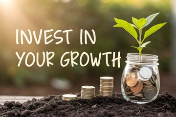 A plant growing in a jar of coins symbolizing financial growth
