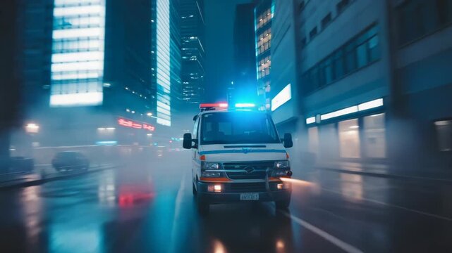 An ambulance rushes to a call on a city street. Emergency medical transport, urgent medical care, professional rescue concept.