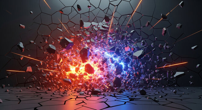 Abstract digital rendering of an explosion with orange and blue light effects.