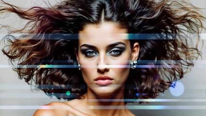 Fototapeta premium Glamorous woman with wavy brown hair blowing in wind, geometric light stripes, abstract modern beauty.