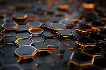 Fototapeta premium A vibrant abstract pattern of dark hexagonal shapes with glowing orange edges on a blurred dark background creating a futuristic digital technology mosaic design
