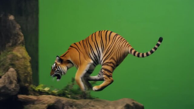 Fierce Bengal Tiger Prowling on Green Screen, Slow Motion Footage for Action and Danger Concept.