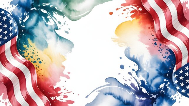 Dynamic watercolor splashes in patriotic red, white, and blue, with waving american flags, frame a central white space, perfect for national events