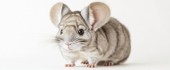 Obraz premium This light grey chinchilla stands against a white background, displaying its fluffy coat and bright eyes. A close-up captures the animal's playful demeanor and adorable features