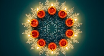 A radiant circular arrangement of glowing diyas with intricate decorative patterns against a dark teal background, symbolizing light and joy