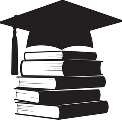 Graduation cap placed on stack of books in black silhouette style, Stack of books with graduation cap silhouette vector illustration education learning concept