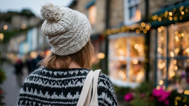 8Shopper in winter clothes with tote bag, walking past a row of shops with Christmas decorations, perspective from behind emphasizing cozy festive season vibe