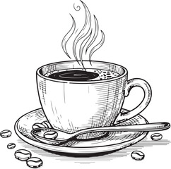 black hand-drawn sketch of a steaming hot cup of coffee on a saucer. line art sketch of coffee cup illustration in black vector © Rajon