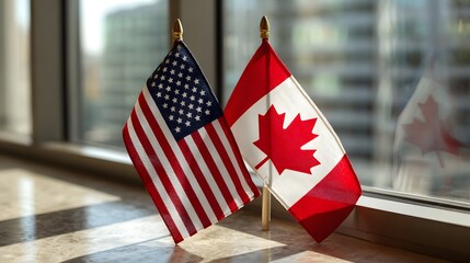 American and Canadian Flags Side by Side on a Ledge.