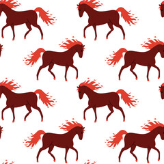 Pattern of galloping horses on a white background, showcasing their dynamic movement and vibrant colors