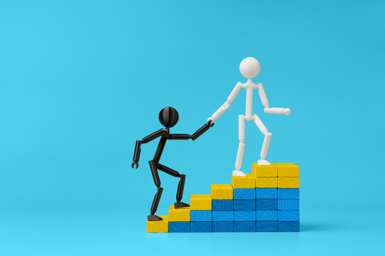 Mentorship guides career growth up wooden block stairs.