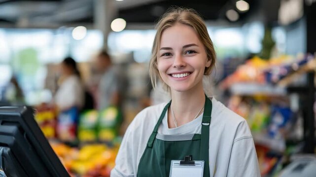 13Front-facing portrait of friendly supermarket cashier standing behind checkout counter, soft reflections from polished surfaces, shelves of snacks adding depth and color