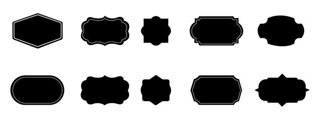 Black decorative label silhouettes, vintage frame shapes, retro outline badge, ornate geometric borders, empty tag design graphics, shield elegant royal crest emblem, retro sticker. Vector set