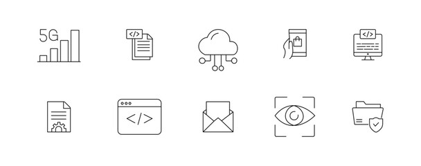 Information technology icon set. Containing IT manager, big data, data analytics, cybersecurity, artificial intelligence and more. Editable line icons. Vector illustration