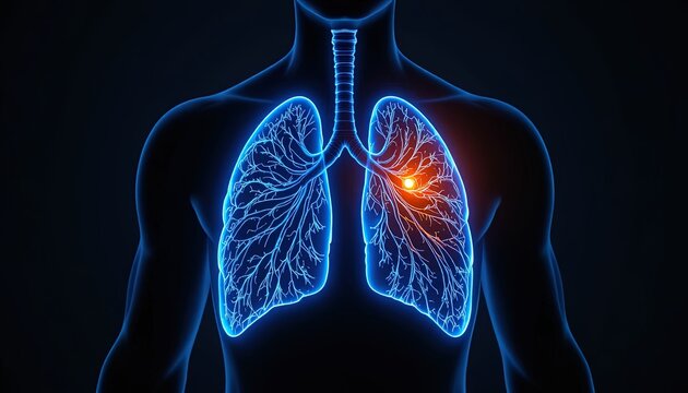 Explore human lung anatomy with a detailed, glowing 3D rendering, perfect for medical illustrations, educational materials, and healthcare marketing campaigns today