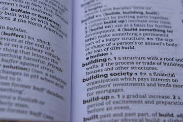 Obraz premium Definition Of English Dictionary Close Up Of Page With Word - building