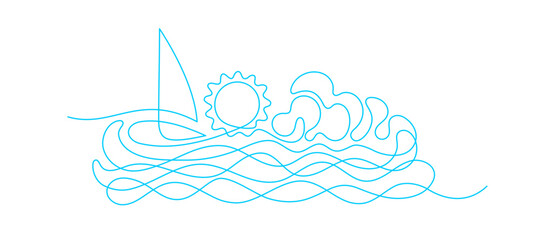 Abstract clouds, sun, sea and ship. Travel emblem