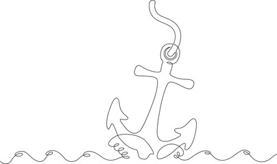 Continuous single line drawing ship's anchor is lowered into the water.Linear . One continuous line isolated minimalist illustration. Not AI.