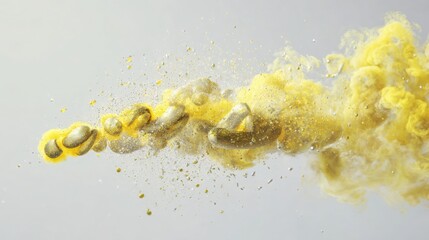 conceptual macro visualization of sulfur smell emitted by a failing catalytic converter, subtle yellow gas elements, clean light background