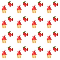 Strawberry cupcake seamless pattern. Doodle red cupcake pattern. Sweet Desserts Pattern background. Strawberry cupcake background