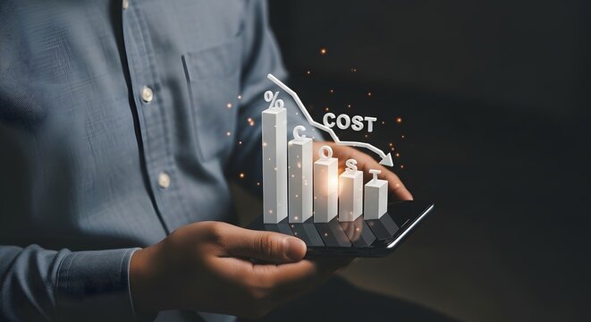 A person holding a tablet displaying a cost reduction graph with percentage and dollar symbols