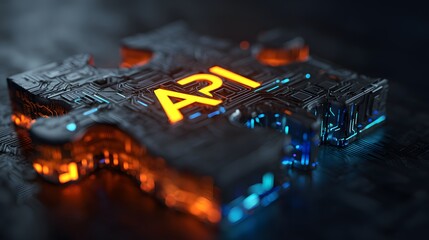 API concept with glowing letters on a dark, circuit-like surface.