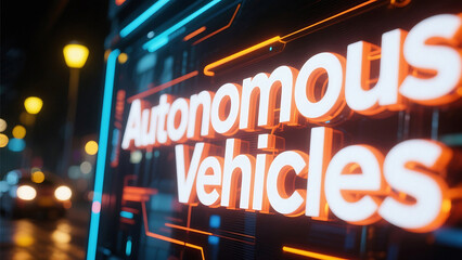 Futuristic autonomous vehicles concept with glowing neon lights for transportation technology and innovation in cityscapes at night, creating a modern atmosphere
