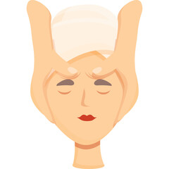 Illustration of a woman receiving a head massage with closed eyes and hands on temples against a clean white background with a neutral expression and light skin tone and light hair wearing a white
