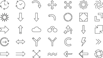 Fototapeta premium Large Collection of Arrow and Symbol Vector Line Icons Set, including Directional, Circular, Cloud, Refresh, Maximize, and Control for UI Design