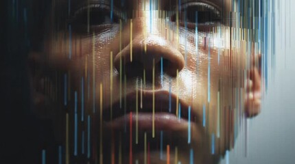 Abstract portrait of a human face formed by vertical colorful digital data lines, concept of AI identity or biometric scanning. - Powered by Adobe