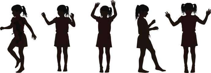 Girl silhouette illustration, playful poses, black figure art, expressive movement, pigtail hairstyle, dance gesture, posture variation, childhood energy, motion study