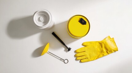 flat lay minimalistic arrangement of motor oil canister, gloves, funnel and dipstick on bright white surface, soft shadows, clean service theme