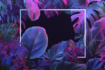 Tropical leaves in purple and blue hues frame a dark rectangle