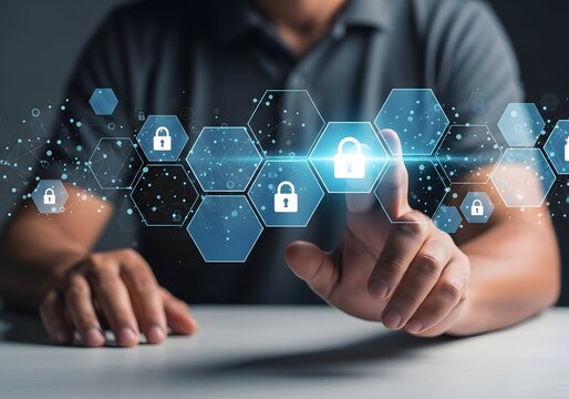 A person interacting with a digital interface showing security lock icons on hexagonal shapes network design - Powered by Adobe