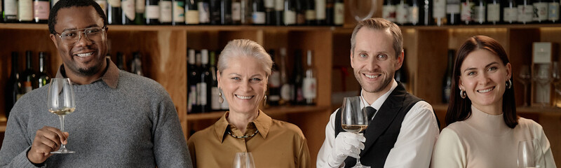 Website header shot of diverse group of middle aged Caucasian woman, Black man, young adult...