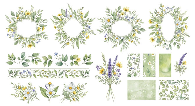 A collection of watercolor botanical illustrations featuring wreaths, borders, and bouquets with wildflowers and green leaves.
