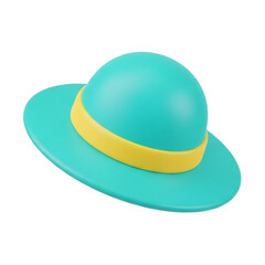 3D modeling illustration of a turquoise summer beach hat. Rendered icon with a wide brim and yellow ribbon for vacation design