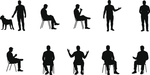 Human silhouette collection, people standing and sitting with dog and cup, gesture poses, abstract shadow figures, posture reference illustration set