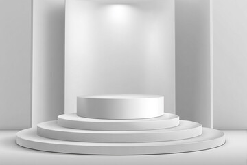 Obraz premium A clean white studio scene featuring a three-tiered circular display podium illuminated by soft overhead spotlights ready for product presentation or exhibition