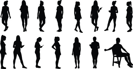 Human silhouette collection, sixteen standing and sitting poses with phone, chair, and gestures, abstract shadow figures, posture reference illustration