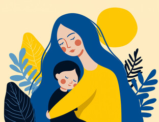 Loving mother embraces her child with heartfelt affection, surrounded by whimsical plants art