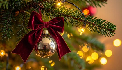 Gros plan boule de noël dorée avec nœud rouge en velours sur branche de sapin
